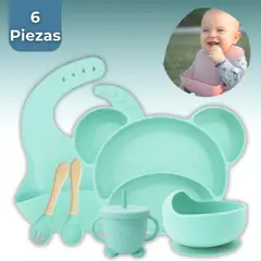 UTILISIMO - Set Alimentación Bebé Silicona 6 Piezas Libre BPA Turquesa