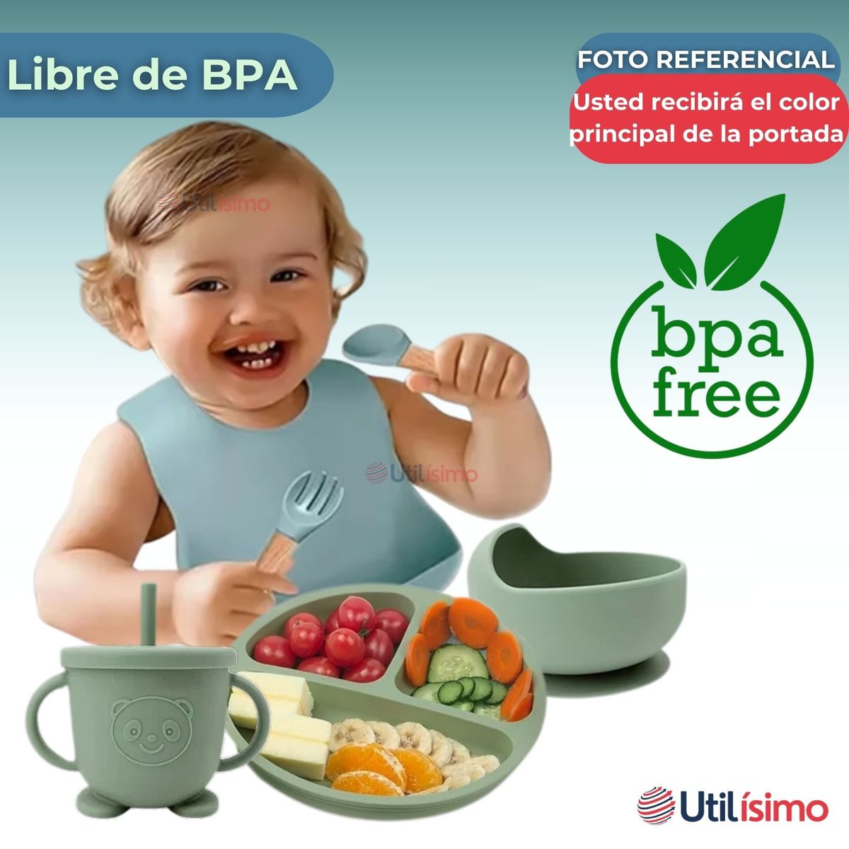 UTILISIMO - Set Alimentación Bebé Silicona 6 Piezas Libre BPA Turquesa