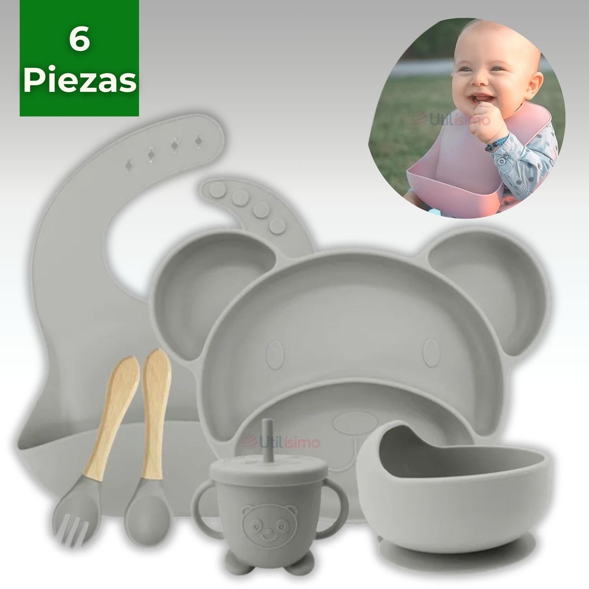 UTILISIMO - Set De Alimentación Bebé Silicona 6 Piezas Libre De BPA Gris