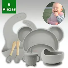 UTILISIMO - Set De Alimentación Bebé Silicona 6 Piezas Libre De BPA Gris