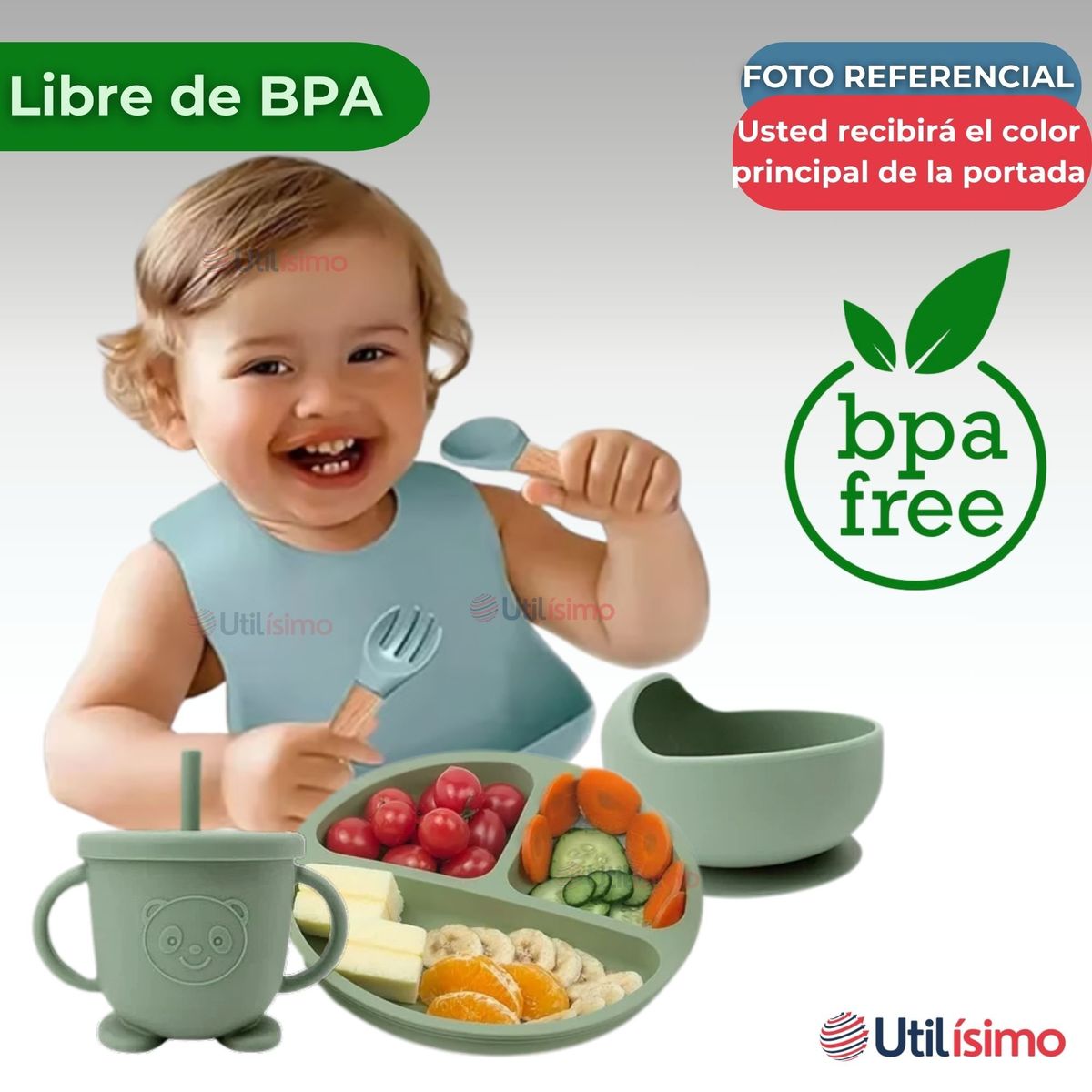 UTILISIMO - Set De Alimentación Bebé Silicona 6 Piezas Libre De BPA Gris