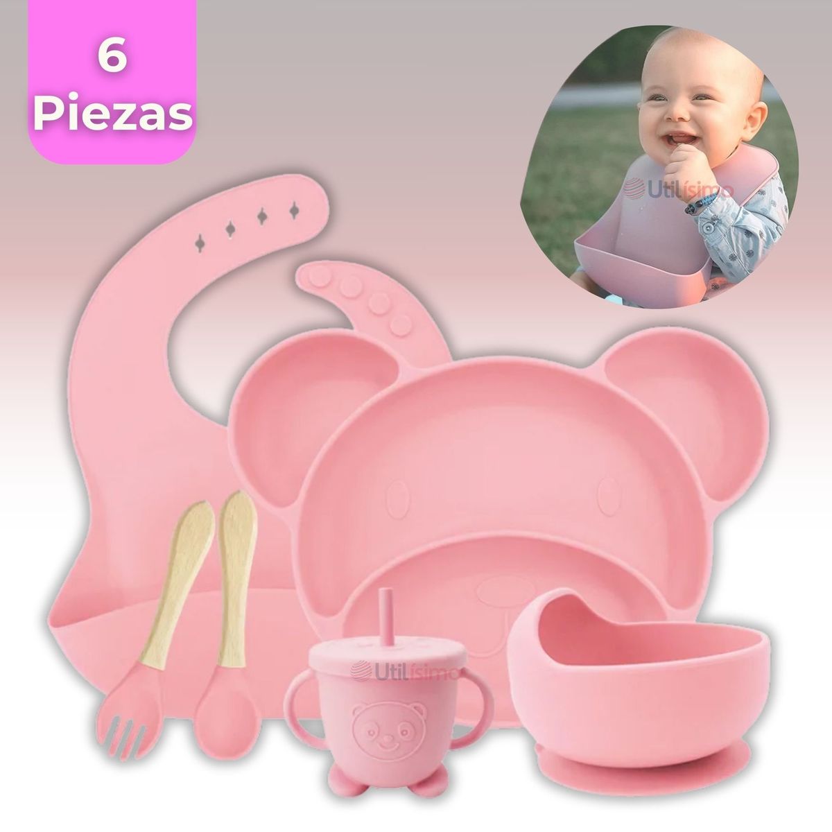 UTILISIMO - Set De Alimentación Bebé Silicona 6 Piezas Libre BPA Rosa