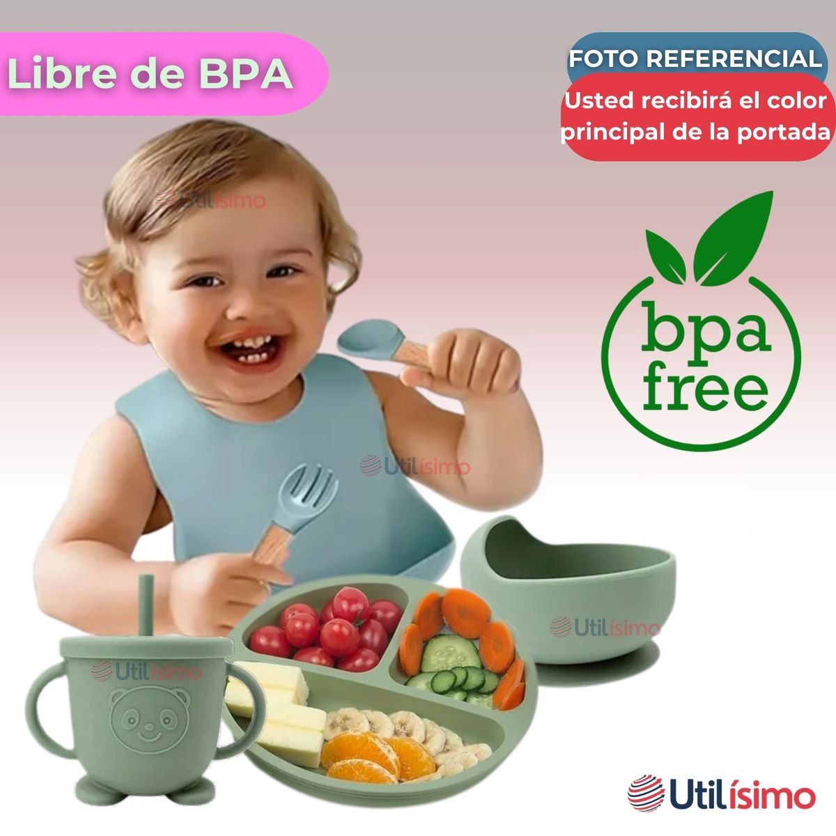 UTILISIMO - Set De Alimentación Bebé Silicona 6 Piezas Libre BPA Rosa