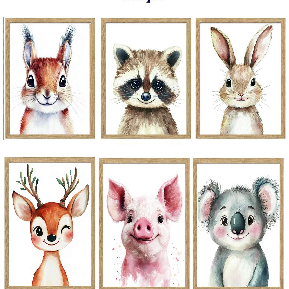 DECORACION CREATIVA - Set 6 Cuadros Infantil Niños Happy Animals Bosque