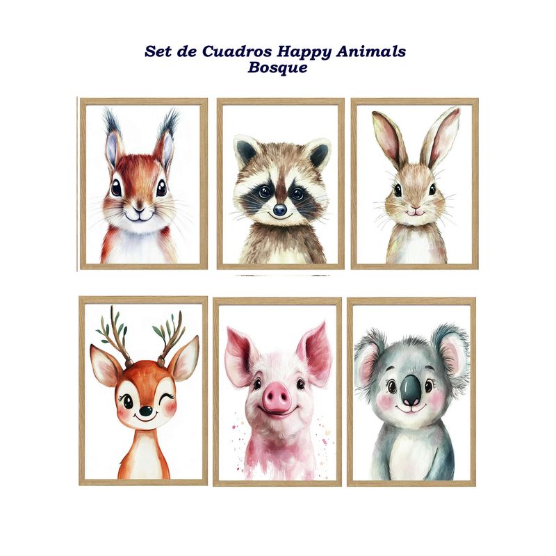 DECORACION CREATIVA - Set 6 Cuadros Infantil Niños Happy Animals Bosque