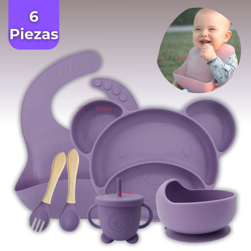 UTILISIMO - Set De Alimentación Bebé Silicona 6 Piezas Libre BPA Lila