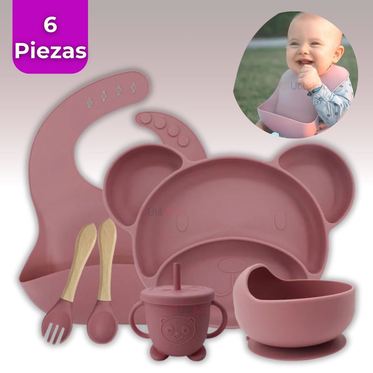 UTILISIMO - Set De Alimentación Bebé Silicona 6 Piezas Libre BPA Rosado