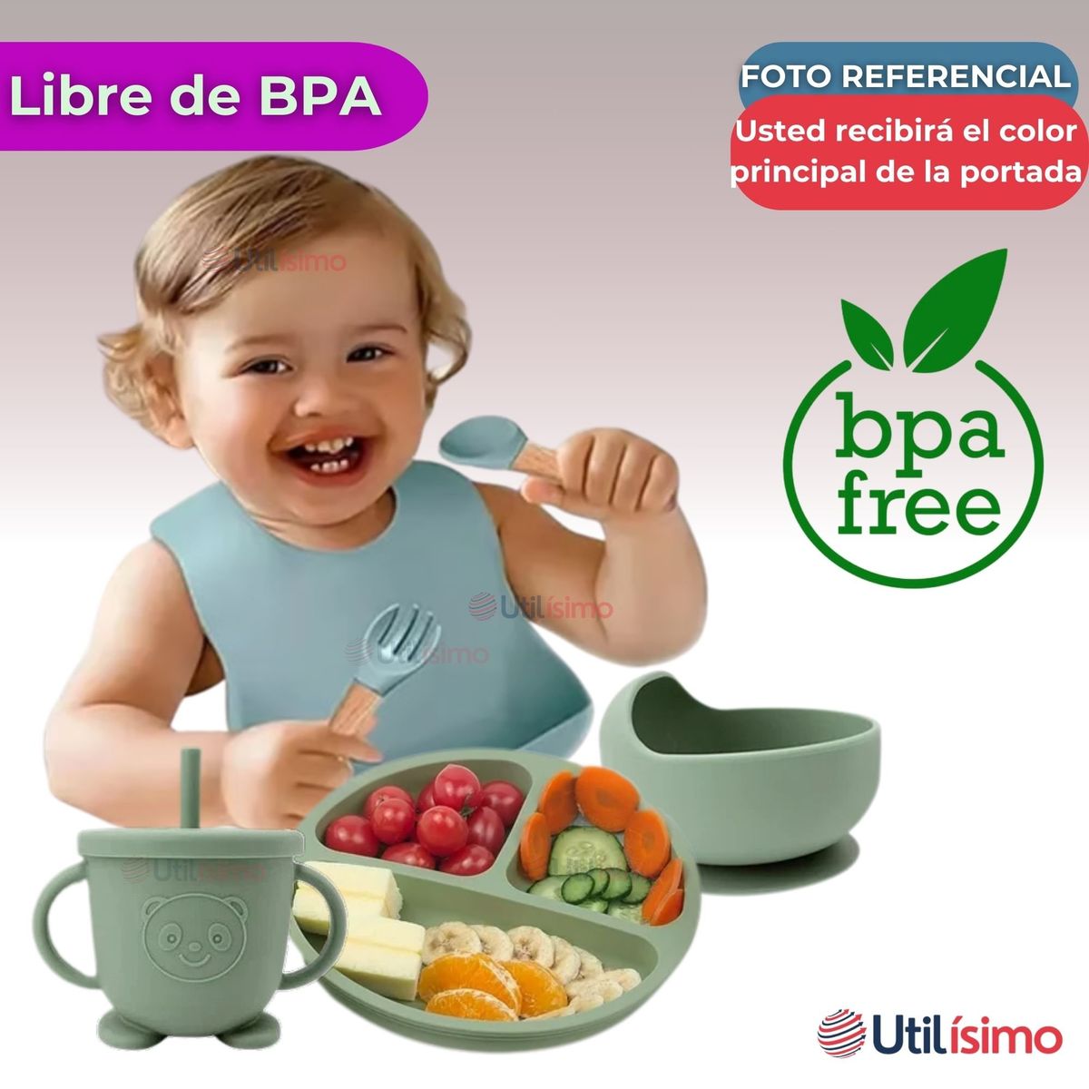 UTILISIMO - Set De Alimentación Bebé Silicona 6 Piezas Libre BPA Rosado
