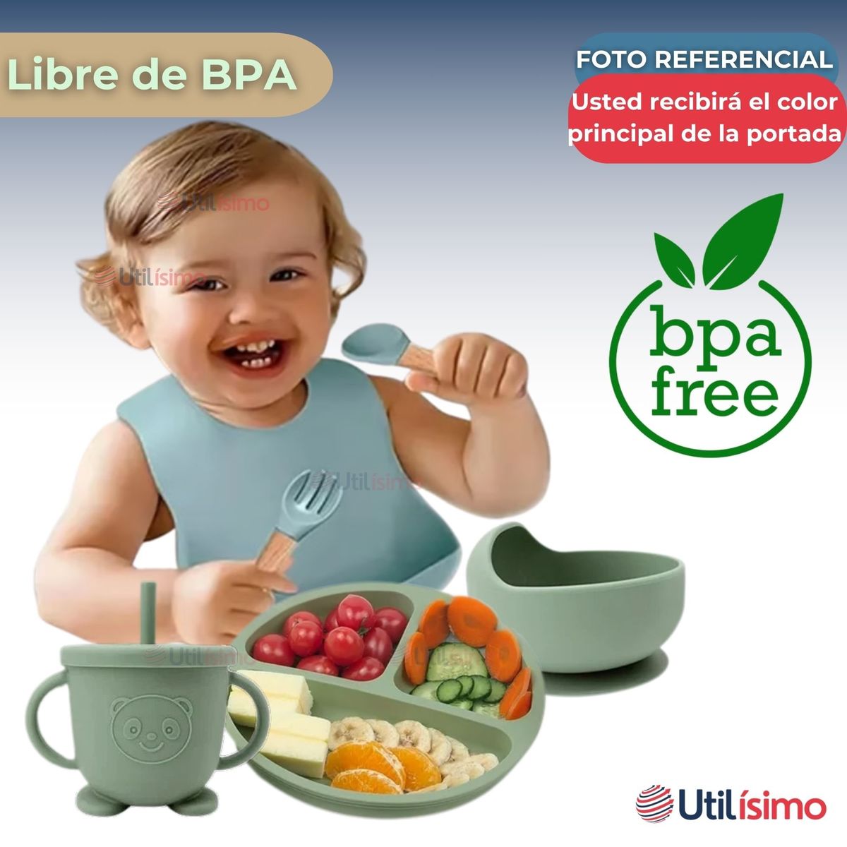 UTILISIMO - Set De Alimentación Bebé Silicona 6 Piezas Libre BPA Azul