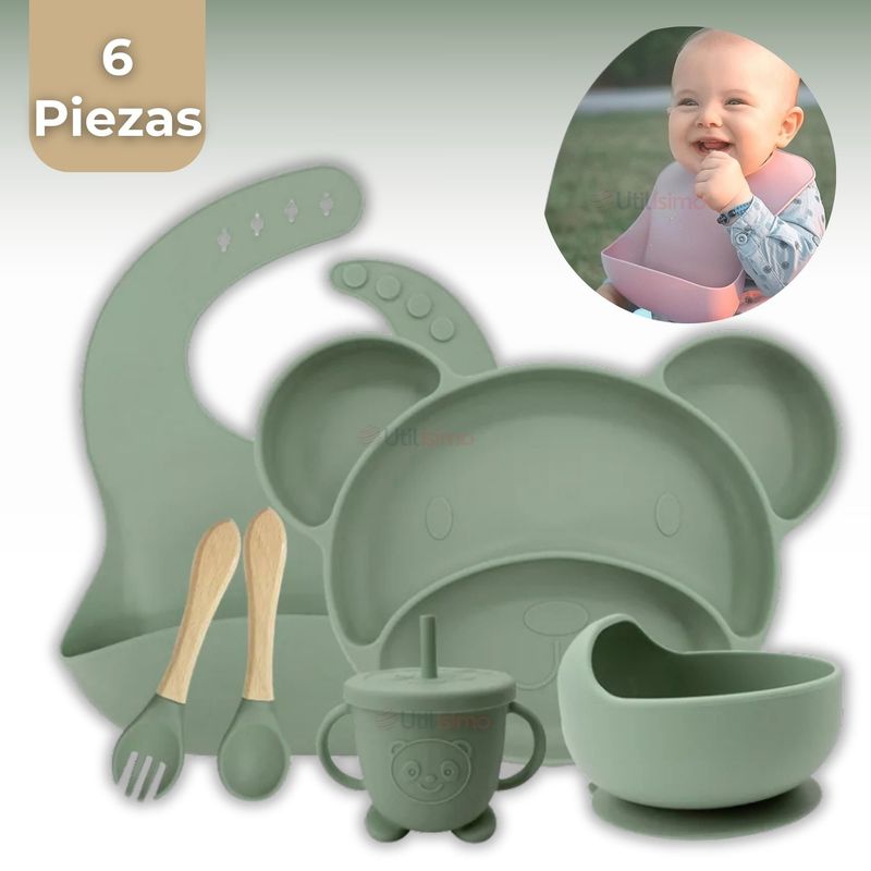 UTILISIMO - Set De Alimentación Bebé Silicona 6 Piezas Libre BPA Verde