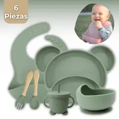 UTILISIMO - Set De Alimentación Bebé Silicona 6 Piezas Libre BPA Verde