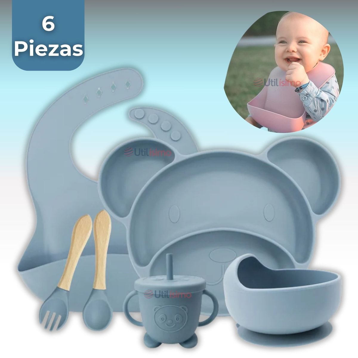 UTILISIMO - Set De Alimentación Bebé Silicona 6 Piezas Libre BPA Celeste