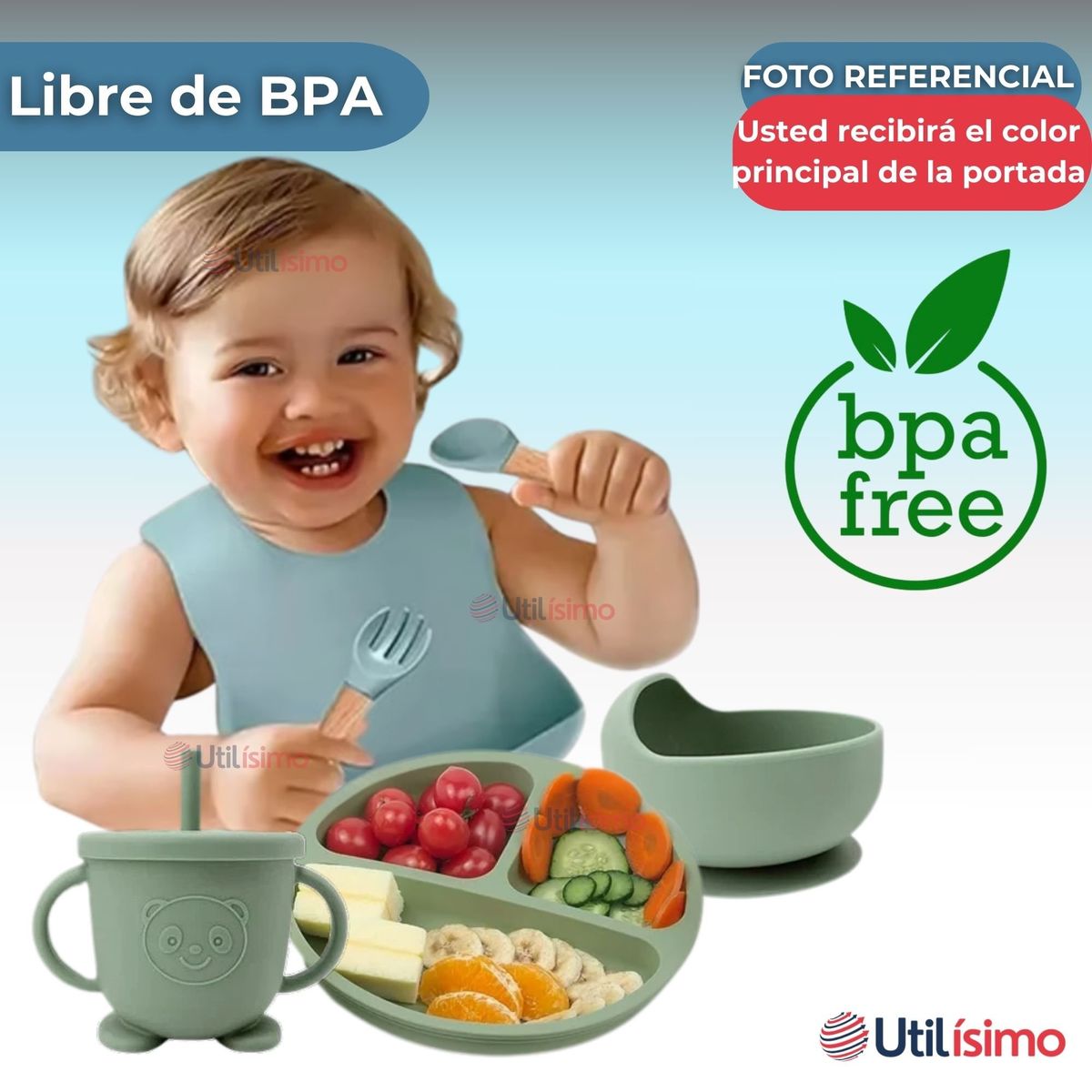 UTILISIMO - Set De Alimentación Bebé Silicona 6 Piezas Libre BPA Celeste