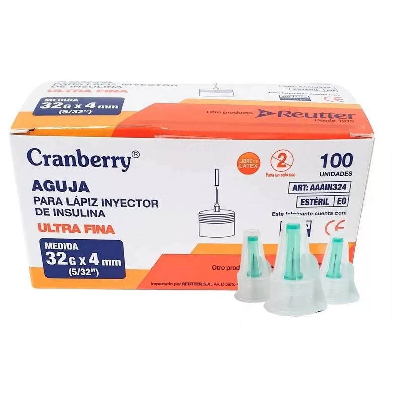 CRAMBERRY - Aguja Lapiz Insulina 32g X 4mm Ultra Fina Caja 100 Unidades