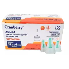 CRAMBERRY - Aguja Lapiz Insulina 32g X 4mm Ultra Fina Caja 100 Unidades