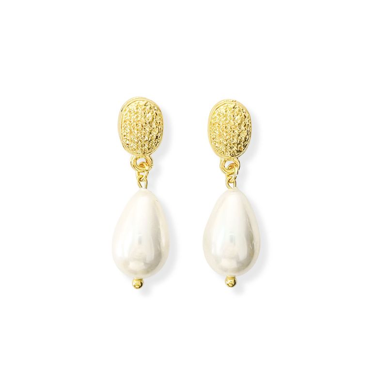 Aros Gota Shellpearl Tope Oval Enchapado Oro 18K Blanco TALLA UNICA