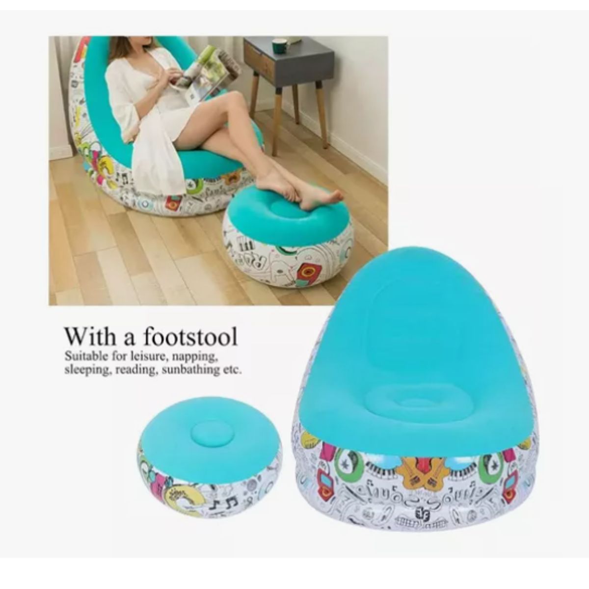 GENERICO - Sofá Tumbona Inflable Con Reposa Pies Y Inflador Incluido AZUL