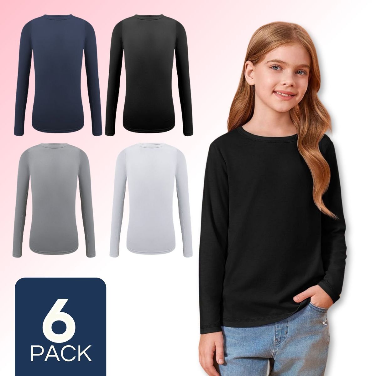 UTILISIMO - Pack 6 Camisetas Polera Polar Niña Primera Capa Colores Surtidos