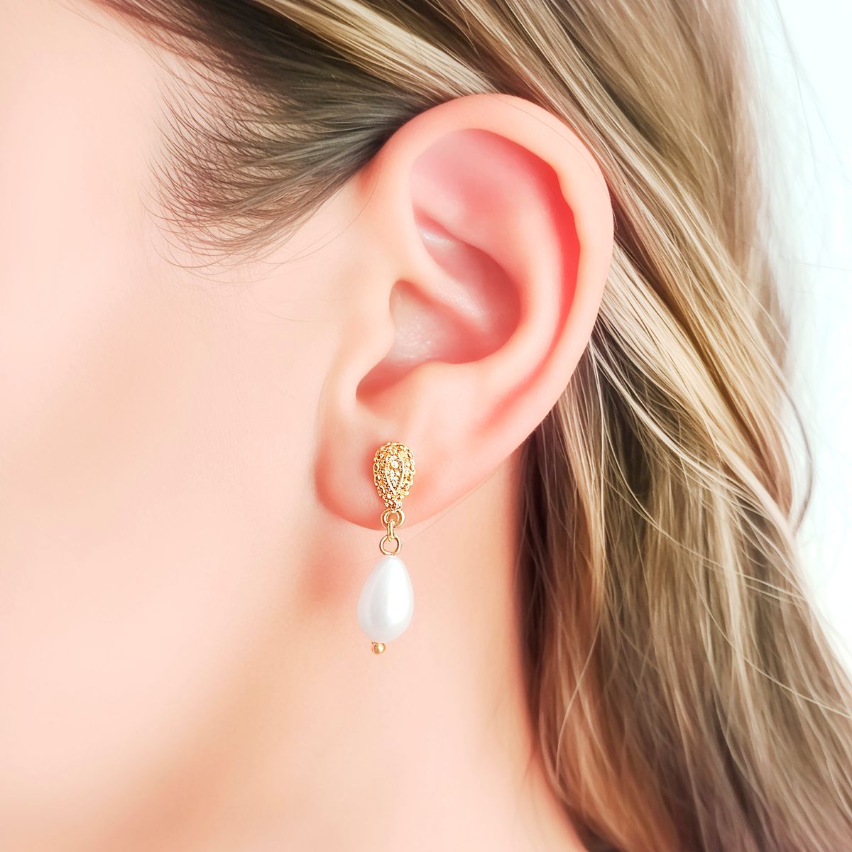 COGGIOLA - Aros Perla Shellpearl Gota Tope Enchapado Oro 18K