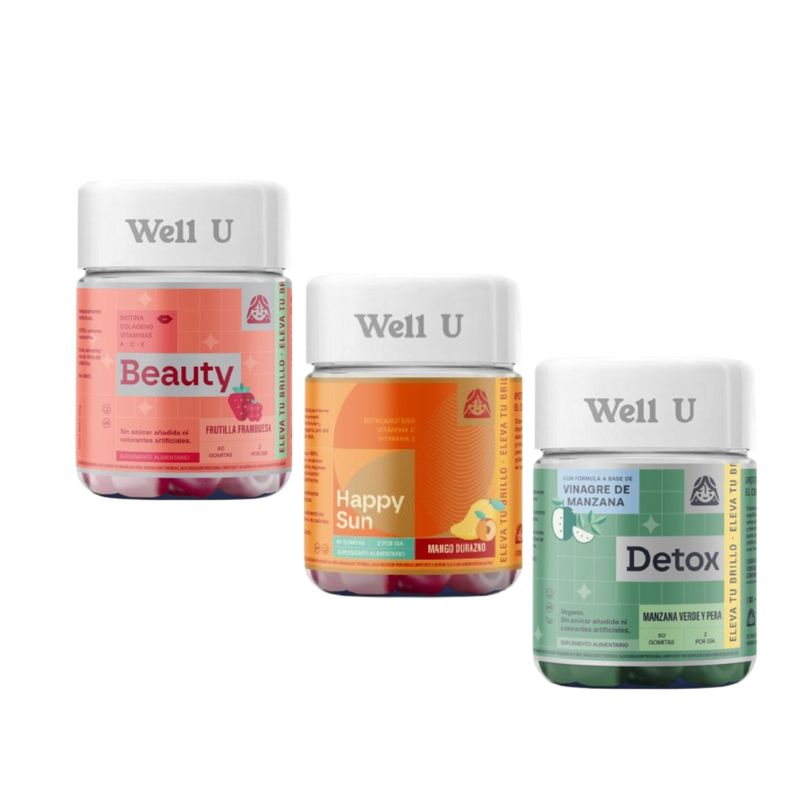 WELL U - PACK X 3 GOMITAS DETOX + HAPPY SUN + BEAUTY 60U WELL U