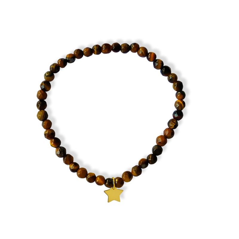 ANDREA COGGIOLA JOYAS - Pulsera Ojo De Tigre 4mm Estrella Enchapado Oro 18K Elásticada