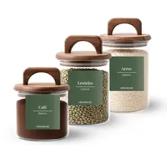 GENERICO - Set 3 Contenedores Herméticos Vidrio Cocina Acacia Asa Etiqueta Verde