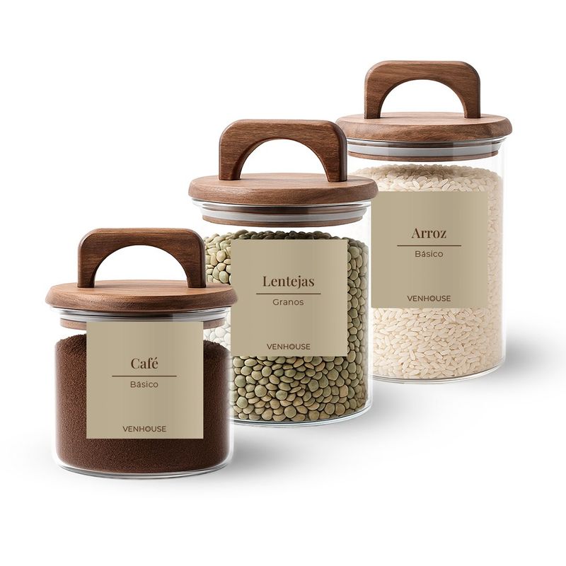 GENERICO - Set 3 Contenedores Herméticos Vidrio Cocina Acacia Asa Etiqueta Beige