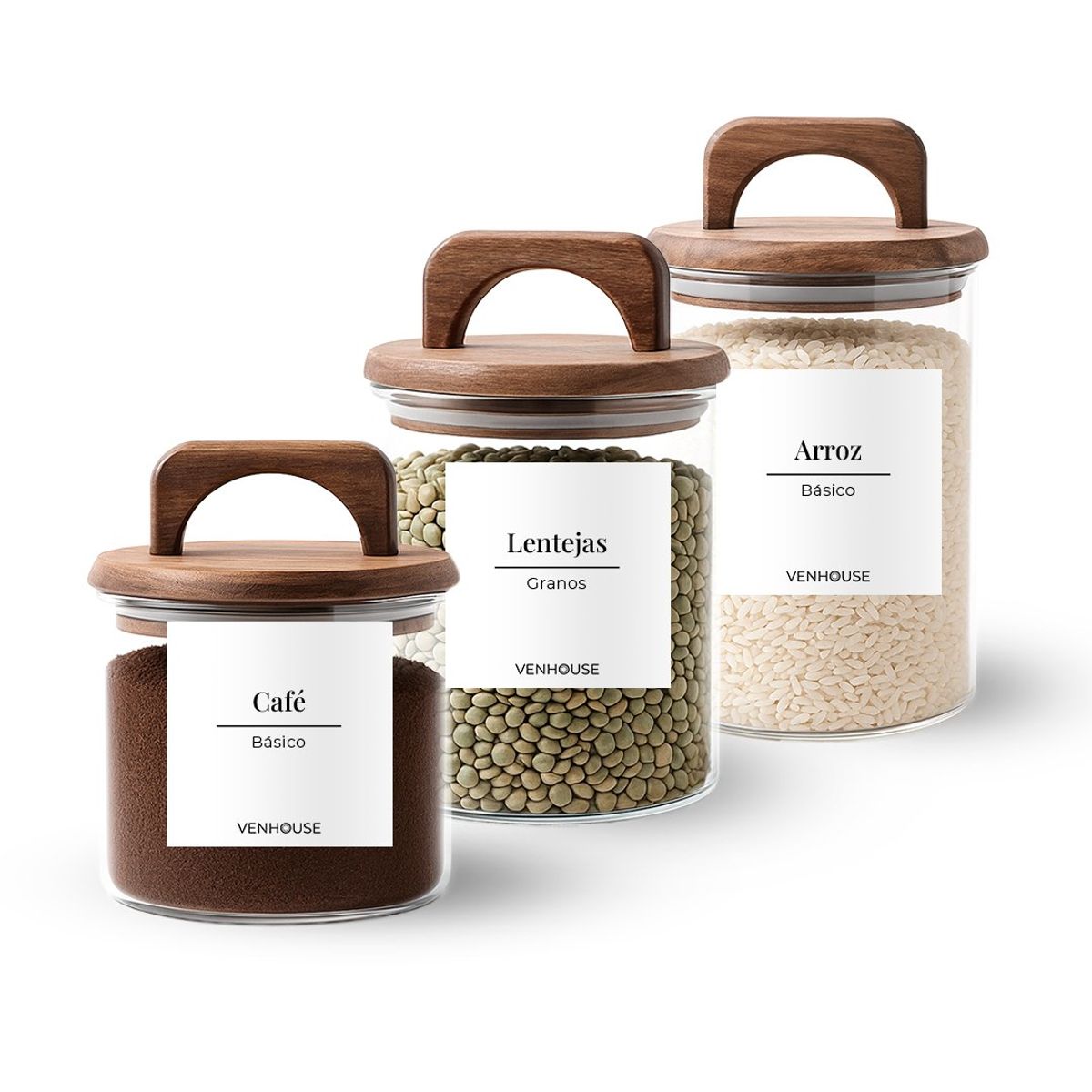 GENERICO - Set 3 Contenedores Herméticos Vidrio Cocina Acacia Asa Etiqueta Blanco