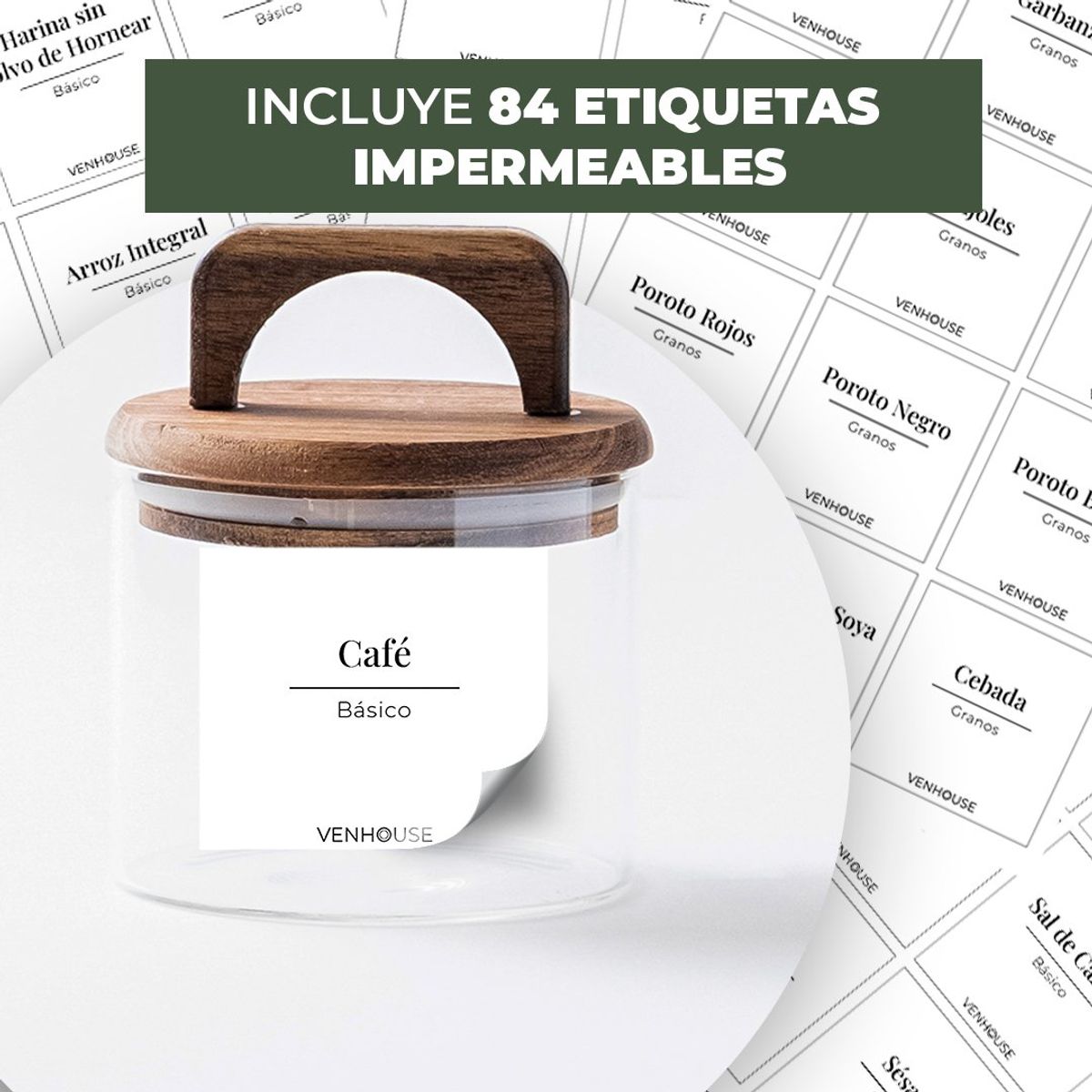 GENERICO - Set 3 Contenedores Herméticos Vidrio Cocina Acacia Asa Etiqueta Blanco