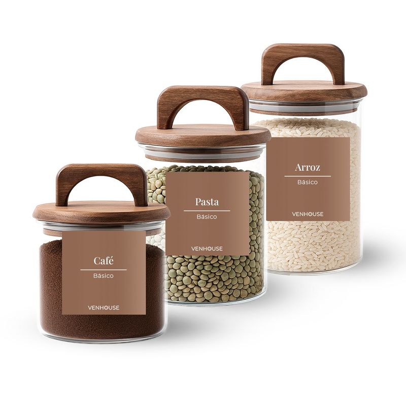 GENERICO - Set 3 Contenedores Herméticos Vidrio Cocina Acacia Asa Etiqueta Marrón
