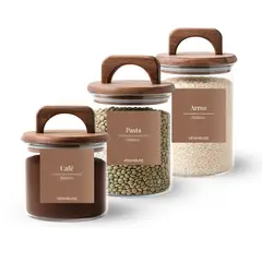 GENERICO - Set 3 Contenedores Herméticos Vidrio Cocina Acacia Asa Etiqueta Marrón