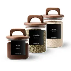 GENERICO - Set 3 Contenedores Herméticos Vidrio Cocina Acacia Asa Etiqueta Negra