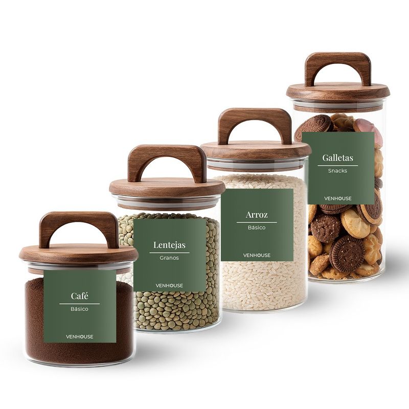 GENERICO - Set 4 Contenedores Herméticos Vidrio Cocina Acacia Asa Etiqueta Verde