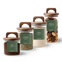 GENERICO - Set 4 Contenedores Herméticos Vidrio Cocina Acacia Asa Etiqueta Verde