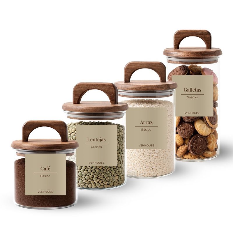 GENERICO - Set 4 Contenedores Herméticos Vidrio Cocina Acacia Asa Etiqueta Beige