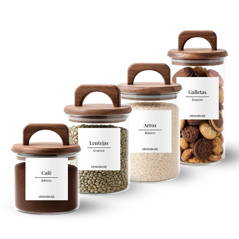 GENERICO - Set 4 Contenedores Herméticos Vidrio Cocina Acacia Asa Etiqueta Blanca