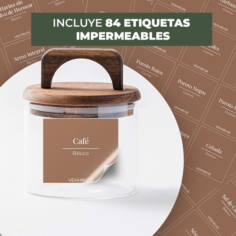 GENERICO - Set 4 Contenedores Herméticos Vidrio Cocina Acacia Asa Etiqueta Marrón