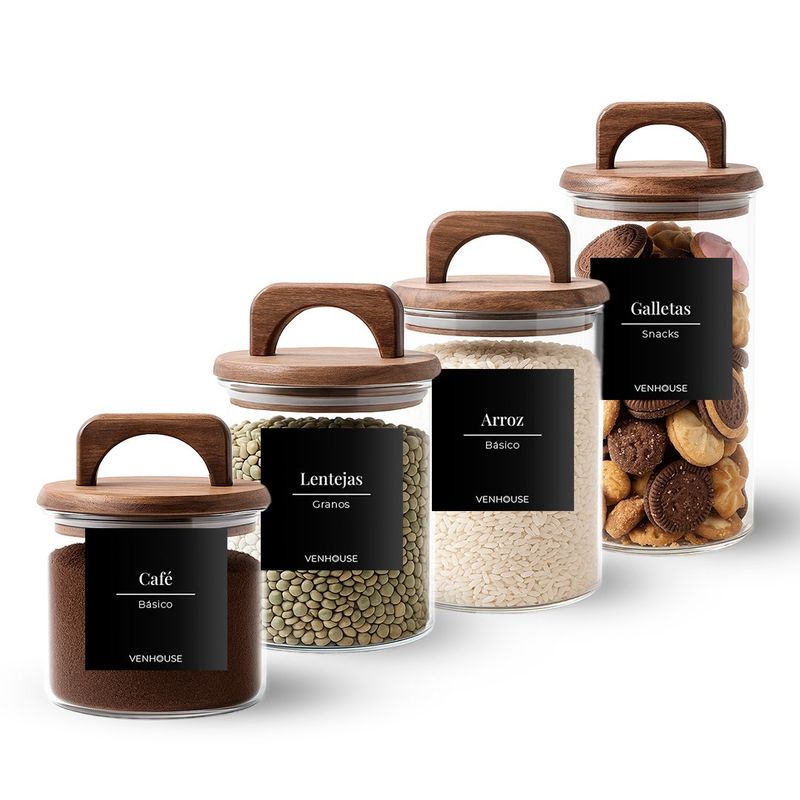 GENERICO - Set 4 Contenedores Herméticos Vidrio Cocina Acacia Asa Etiqueta Negra