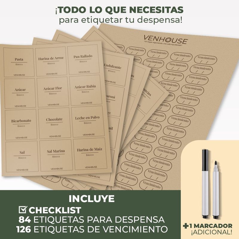 GENERICO - Set 5 Contenedores Herméticos Vidrio Cocina Acacia Asa Etiqueta Beige