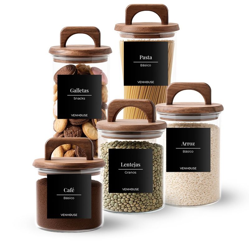 GENERICO - Set 5 Contenedores Herméticos Vidrio Cocina Acacia Asa Etiqueta Negra