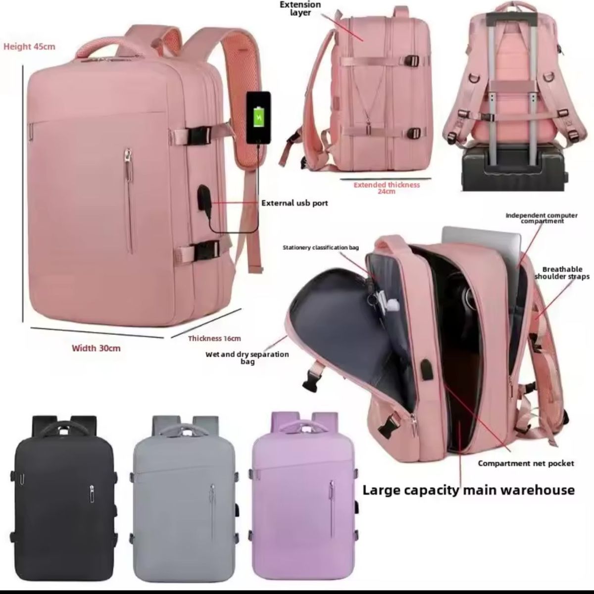 GENERICO - Mochila Expandible Viaje Multiuso Impermeable Cabina Avión.