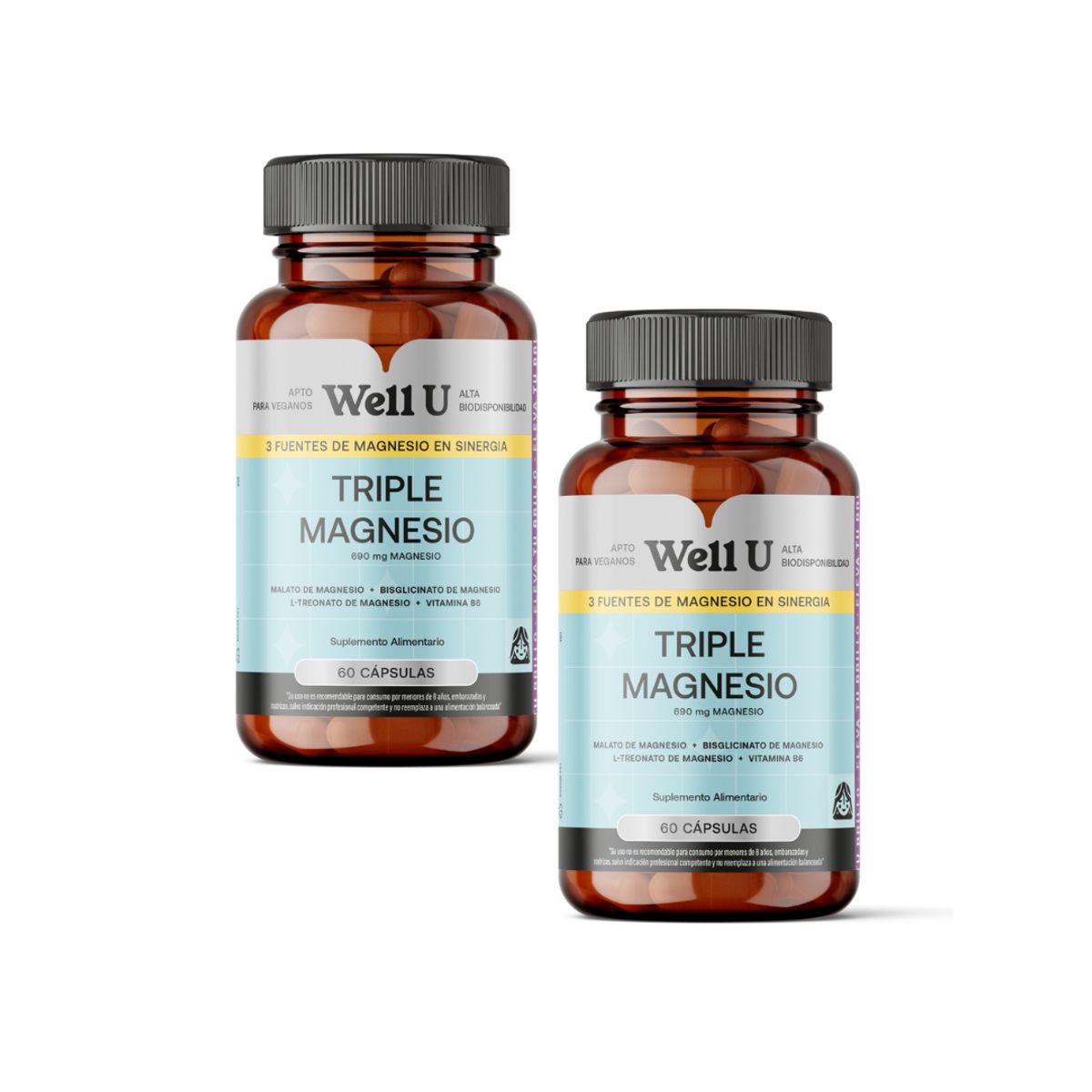 WELL U - PACK X 2 TRIPLE MAGNESIO 690mg 60 CÁPSULAS WELL U