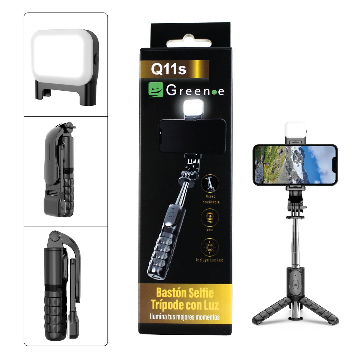 GREEN E - Bastón Selfie Trípode con luz  + Control Remoto Bluetooth