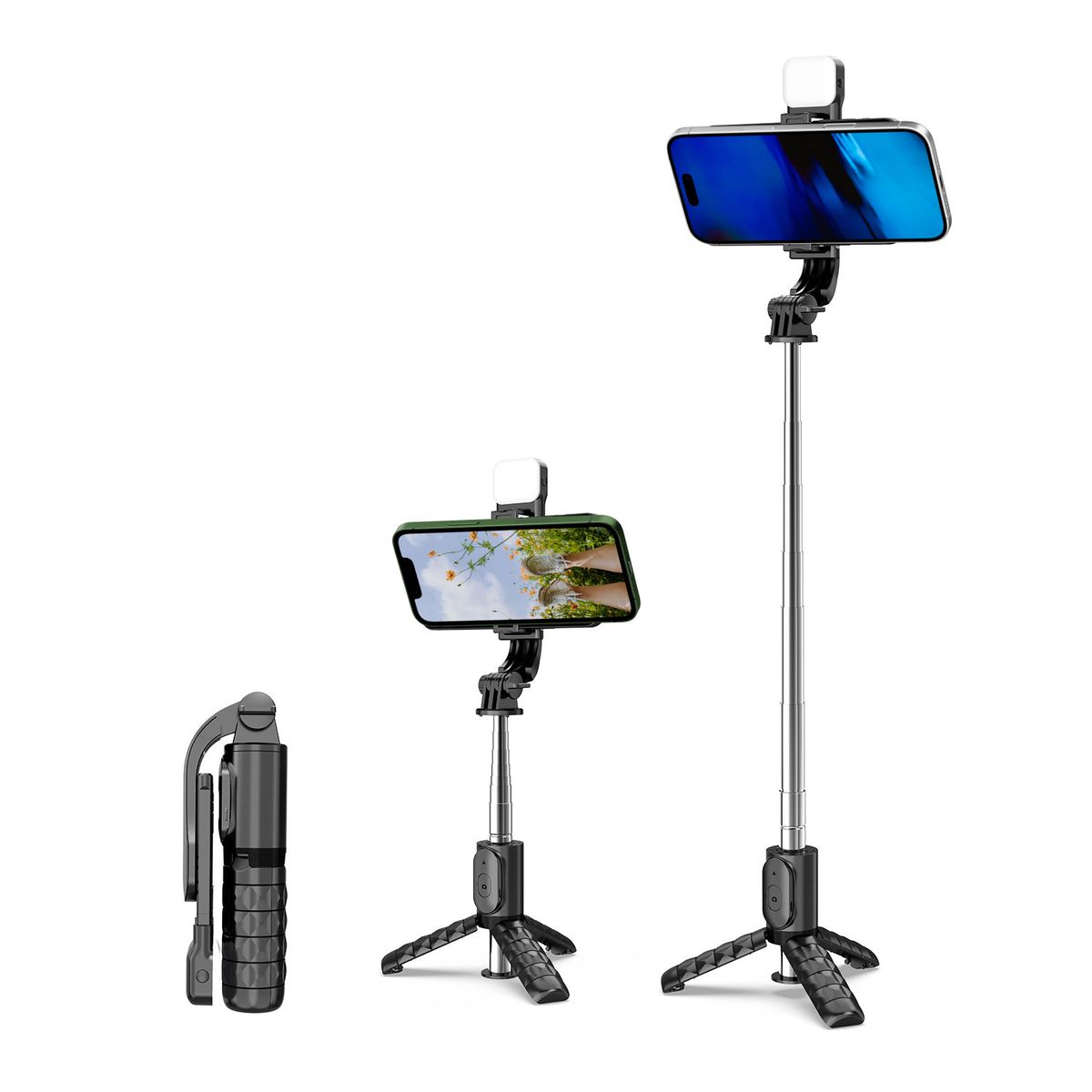 GREEN E - Bastón Selfie Trípode con luz  + Control Remoto Bluetooth