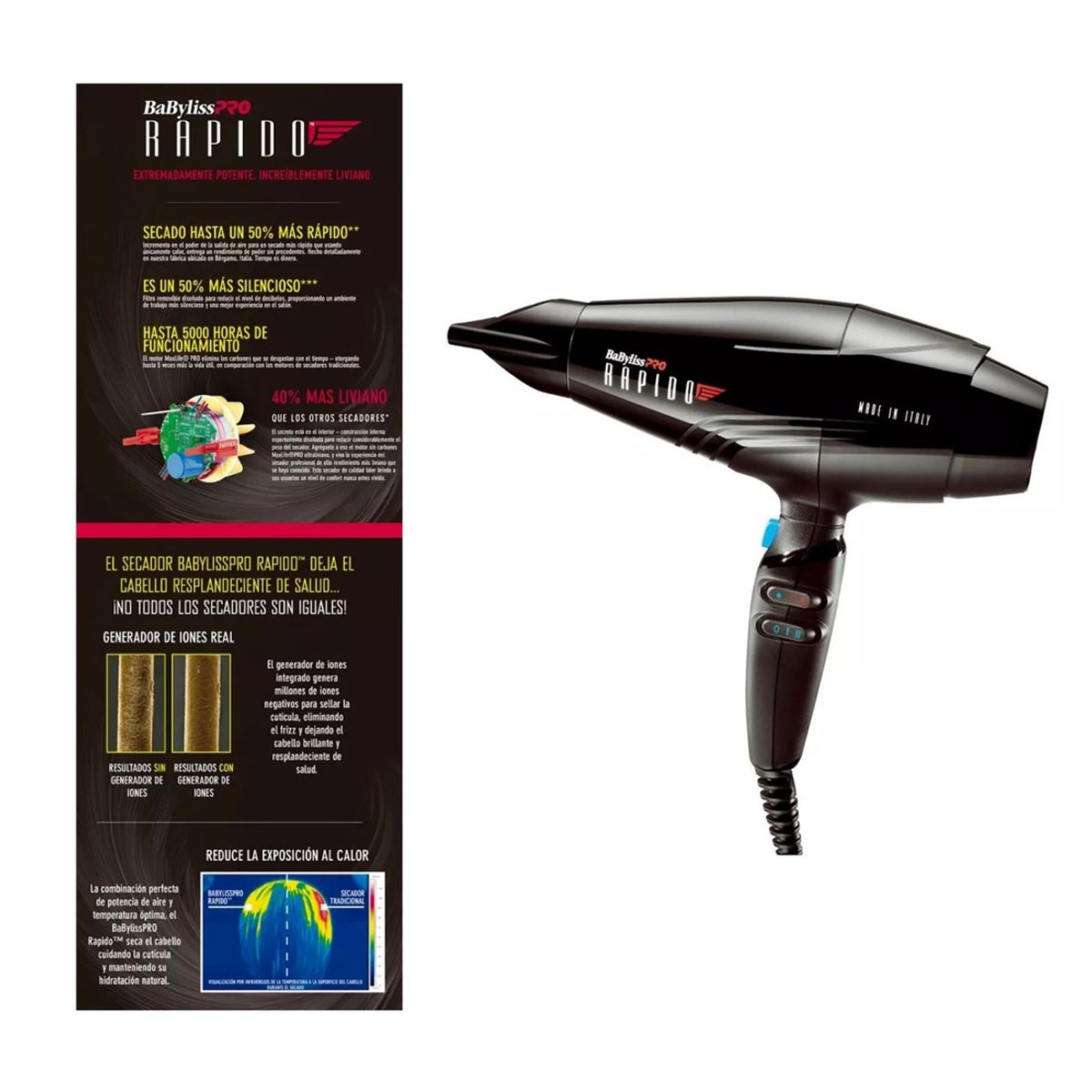 BABYLISS PRO - Secador Babyliss Ultraligero De Máxima Potencia Pro Rápido