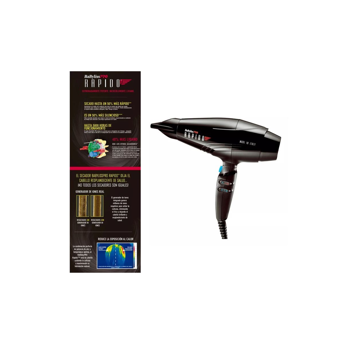 BABYLISS PRO - Secador Babyliss Ultraligero De Máxima Potencia Pro Rápido