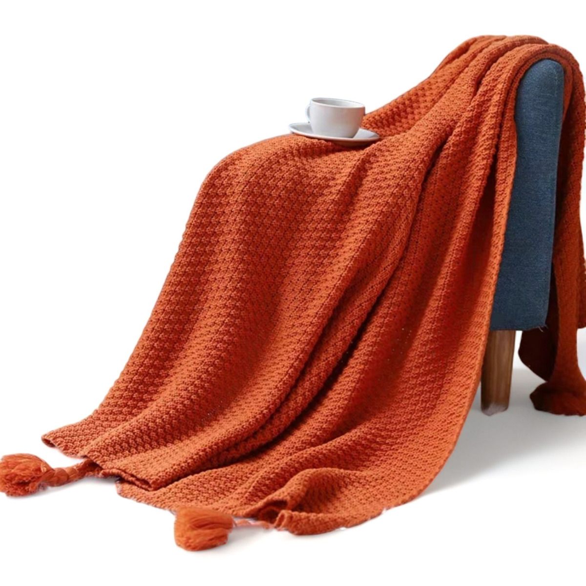 GENERICO - Manta Nordica Con Borlas Tejida Frazada Decorativa 127x172cm Naranja