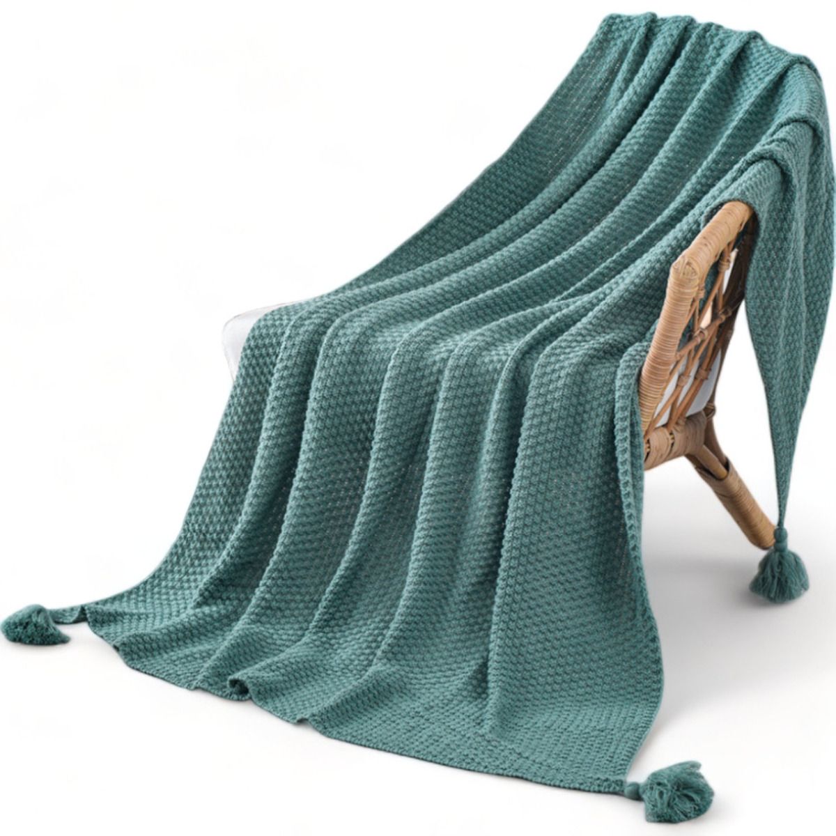 GENERICO - Manta Nordica Con Borlas Tejida Frazada Decorativa 127x172cm -Turquesa