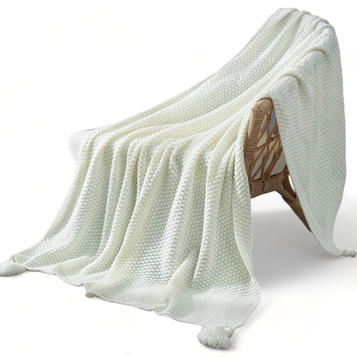 GENERICO - Manta Nordica Con Borlas Tejida Frazada Decorativa 127x172cm - Blanco