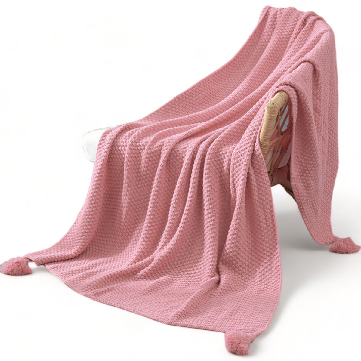 GENERICO - Manta Nordica Con Borlas Tejida Frazada Decorativa 127x172cm - Rosa